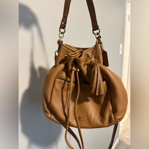 Coach Avery Tan Pebbled Leather Bucket Drawstring Bag
